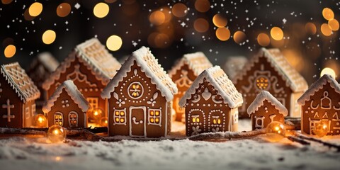 Ginger bread houses, Christmas lights in background