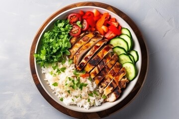 Grilled chicken breast with rice and vegetables in a bowl on a light background, Delicious buddha bowl with grilled chicken, fresh vegetables and rice on a light background. Top view, AI Generated