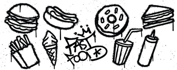 Set Fast food graffiti spray paint. Collection of burger, hotdog, donuts, sandwich, french fries, ice cream, soda Isolated Vector
