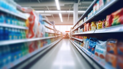 Blurred background grocery supermarket. shopping mall background, business concept copy space. Supermarket aisle and shelves blur background AI.