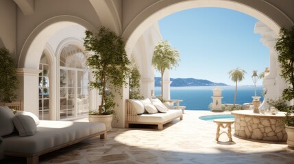 Fototapeta premium Luxury villa on the coast in the style of light-filled interiors, arched doorways.