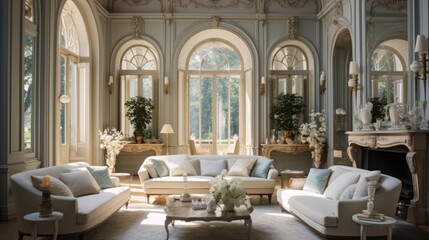 Fototapeta na wymiar Luxury living room with Arch windows mirror and plaster mouldings.