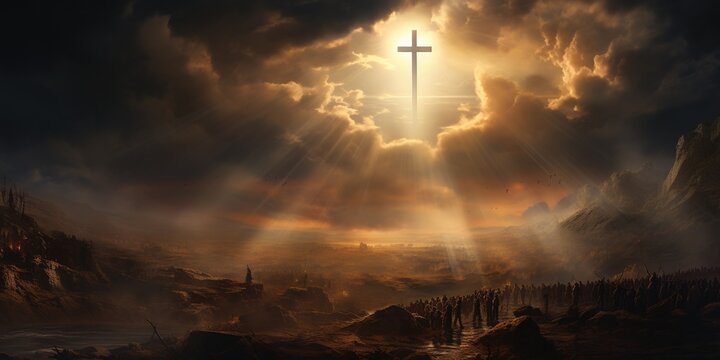 Holy cross symbolizing the death and resurrection of Jesus Christ with The sky over Golgotha Hill is shrouded in light and clouds