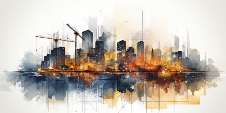 Illustration digital building construction engineering with double exposure graphic design