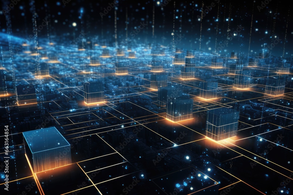 Poster 3d rendering of abstract technology background with circuit board and glowing lights, digital cybers