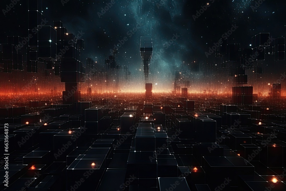 Poster 3d render of futuristic city with glowing lights in the night, digital cyberspace with particles and