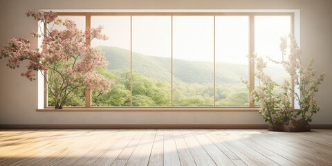 Light empty modern room with a spring landscape in the window.