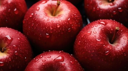 Many red apples with water drops on them.