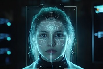 Close up of woman face made of artificial intelligence. Future technology concept, Digital hologram CT scan and X-ray on a human face, Dark medical screen on the background, AI Generated