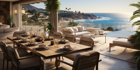 Mediterranean interior design of modern dining room in seaside villa with stunning sea view. - obrazy, fototapety, plakaty
