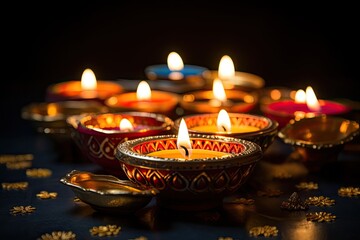 Indian festival Diwali, Diya oil lamps lit on colorful rangoli. Hindu traditional, Diwali festival of lights tradition Diya oil lamps against dark background, AI Generated