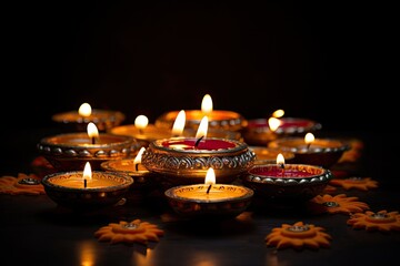 Beautiful diwali diya lamps lit during diwali celebration, Diwali festival of lights tradition Diya oil lamps against dark background, AI Generated