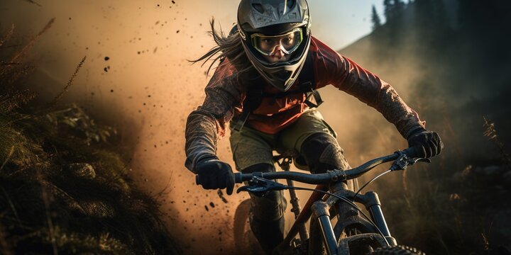 Mountain biking woman riding on bike in summer mountains forest landscape