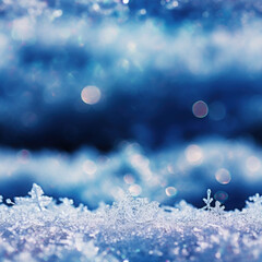 Fototapeta na wymiar Winter Christmas seamless pattern with big snowflakes, snow, and bokeh lights