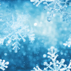 Fototapeta na wymiar Winter Christmas seamless pattern with big snowflakes, snow, and bokeh lights