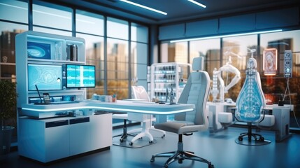 Interior of modern medical office, Doctor's workplace, Empty Doctors Office, Medical technology...