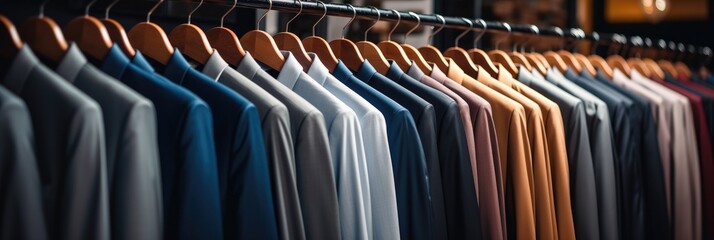 Suits for Sale, Men's suits on hangers in a store. - obrazy, fototapety, plakaty