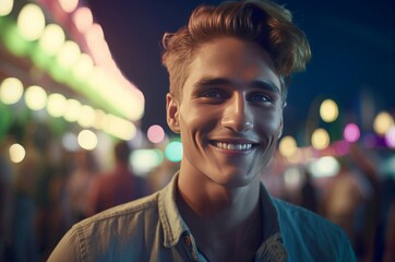 Young blonde man. Young male model posing on colorful illuminated street. Generate ai