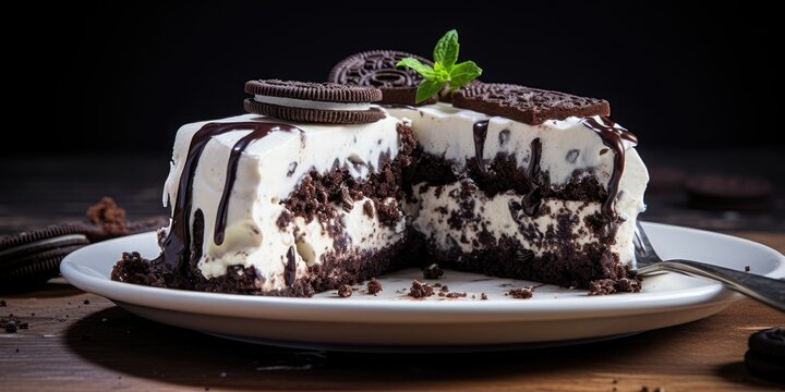 close up of a slice oreo cheese cake moist with topping, AI Generative