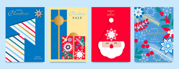 Obraz premium Christmas, Christmas trees, fireworks, gift. A set of holiday templates with a bright design. Sale, happy Christmas and New Year, invitation to a party, cover, leaflet, banner, postcard