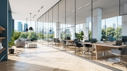 Modern co-working office interior, Furniture, Window with city view