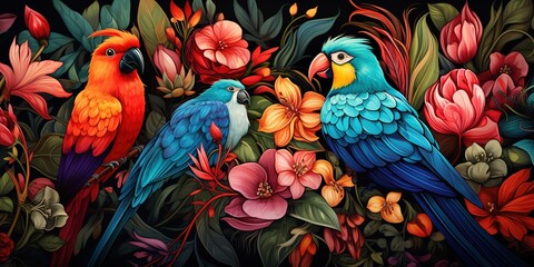 Seamless pattern background influenced by the organic forms and vibrant colors of tropical rainforests with colourful birds and flowers