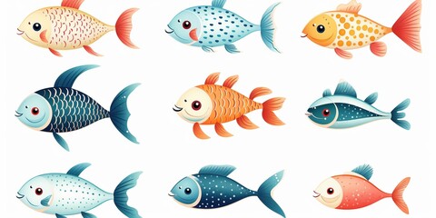 Fototapeta premium Set of cute fishes Sticker, fish Clipart on isolated background
