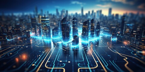 Smart city on circuit board background. Futuristic cyberspace concept