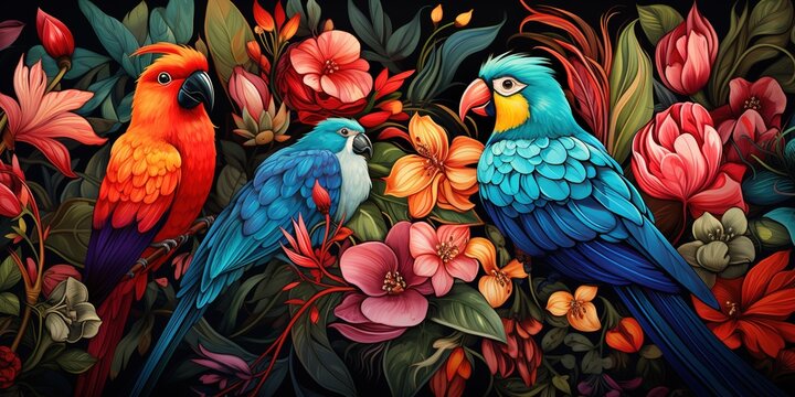 Seamless pattern background influenced by the organic forms and vibrant colors of tropical rainforests with colourful birds and flowers