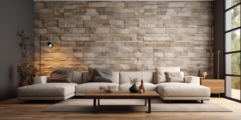 Stone textured paneling wall in room with beige sofa. Interior design of modern minimalist living room
