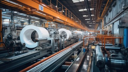 Fototapeta premium Modern seam pipe factory production line, New manufactured pipes.