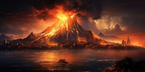 Strong volcanic eruption on the island. - obrazy, fototapety, plakaty