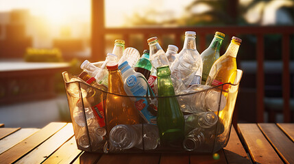 Recycling bin with bottles on wooden table, closeup view