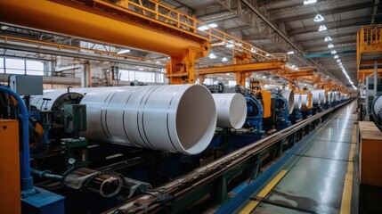 New manufactured pipes on roller conveyor in heavy industrial plants.