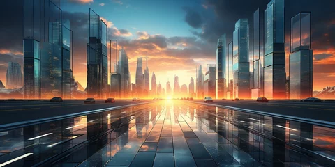 Fotobehang Sunrise over the street of glass skyscrapers of the business city  futuristic architecture of a financial building © Coosh448