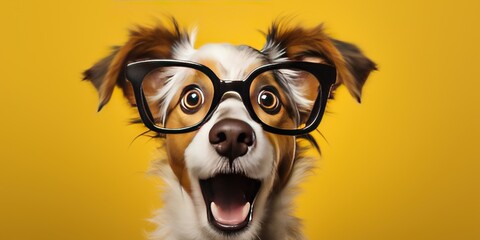 Surprised dog in glasses holding opened book, on yellow background, studio portrait