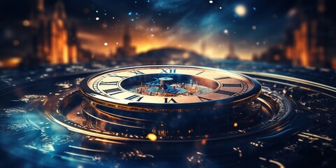 Time travel concept. Time travel clock in cosmos space - obrazy, fototapety, plakaty