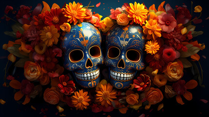 A festive background portraying a colorful array of sugar skulls adorned with marigold blooms, 3D render digital artistry, encapsulating the essence of Hispanic heritage and D&iacute;a de los Muertos
