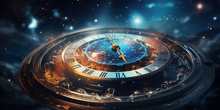 Time travel concept. Time travel clock in cosmos space