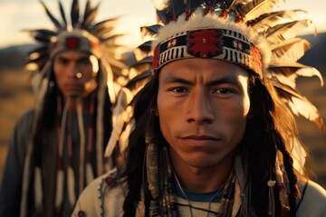 Native Americans wearing feather decorations on their heads.