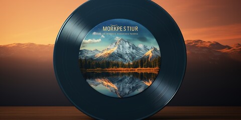 Vinyl record cover template, mockup, with a mountain landscape - obrazy, fototapety, plakaty
