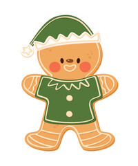 Gingerbread character with elf fairy suit. Christmas cookies. Xmas biscuits with sweet sugar glaze. Flat cartoon style vector illustration isolated on white background.