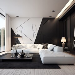 Black-and-white living rooms and modern furniture contrasting background deconstructed minimalist style