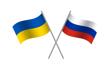 Flying flags of Ukraine and Russia. Ukrainian and Russian state symbol. Ukrainian symbol of independence and freedom. Vector illustration