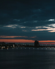 View of the Dnieper city during a beautiful sunset or sunrise. Warm days in the city. Interesting...
