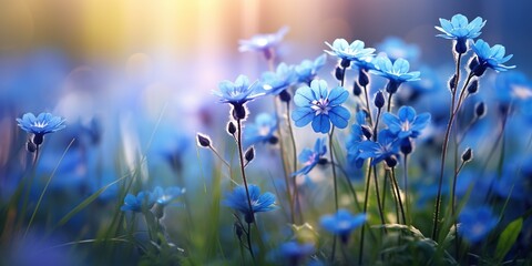 A bunch of blue flowers in a field of green grass. - obrazy, fototapety, plakaty