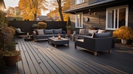 Outdoor grey decking area with amount of modern brown outdoor furniture.