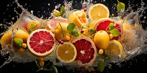 Fotobehang A bunch of grapefruits and lemons are splashing into the water. © Coosh448