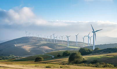 Wind turbines on hill with blue sky