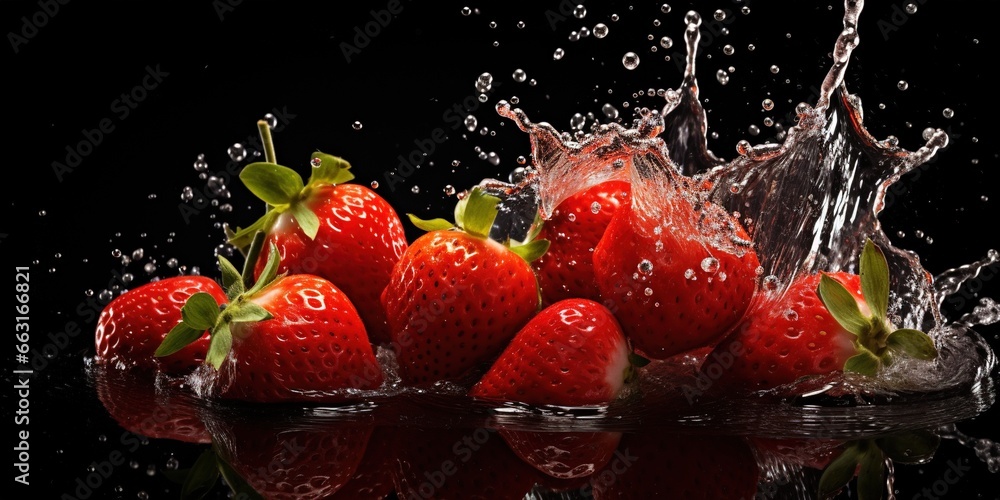 Poster A group of strawberries splashing into water on a black background with a splash of water on the top of the strawberries and on the bottom of the image.